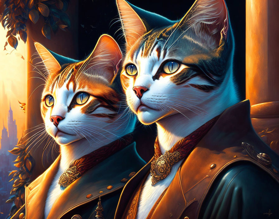 Regal cats in ornate outfits with striking markings pose nobly