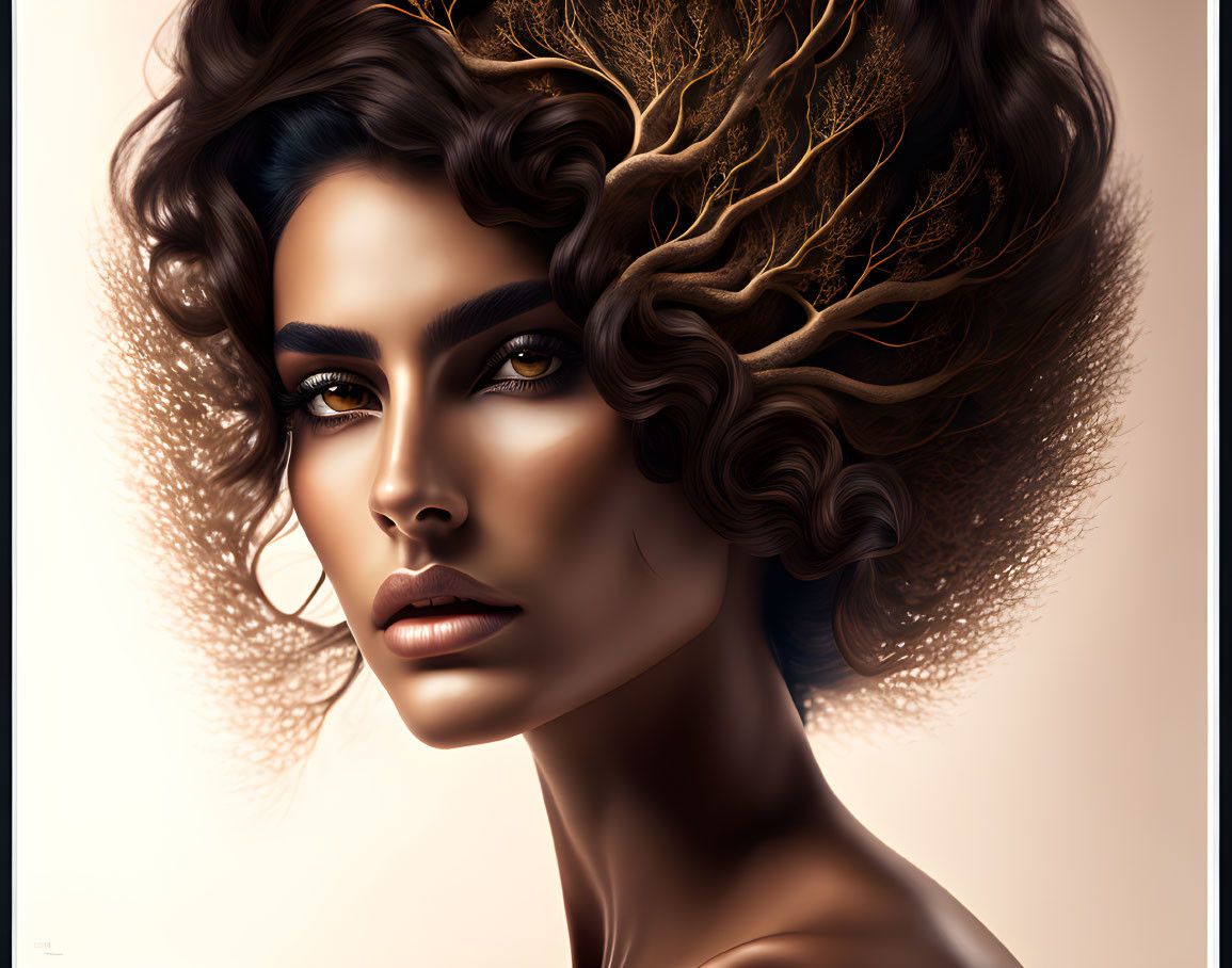 Digital artwork: Woman with voluminous hair intertwined with branches in warm colors