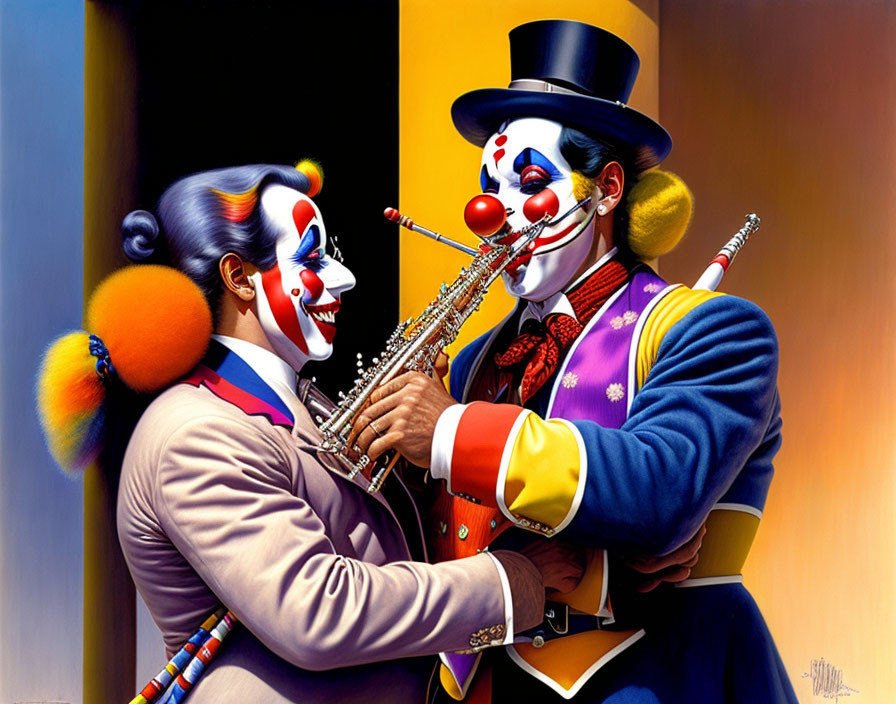 Colorful clown duo with saxophone and guitar in vibrant attire.