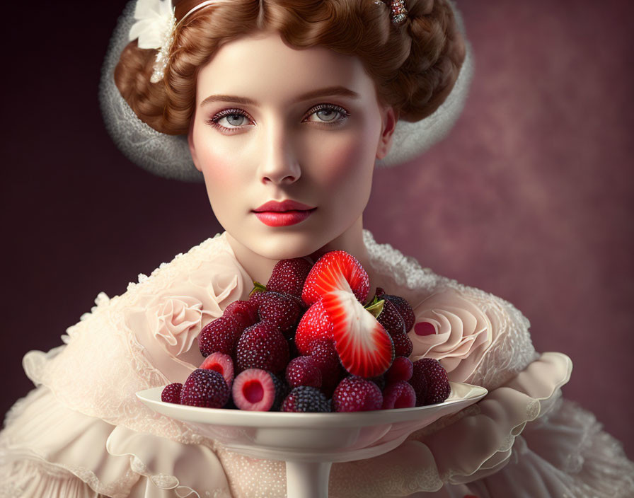 Vintage Woman with Fresh Berries and Alluring Gaze