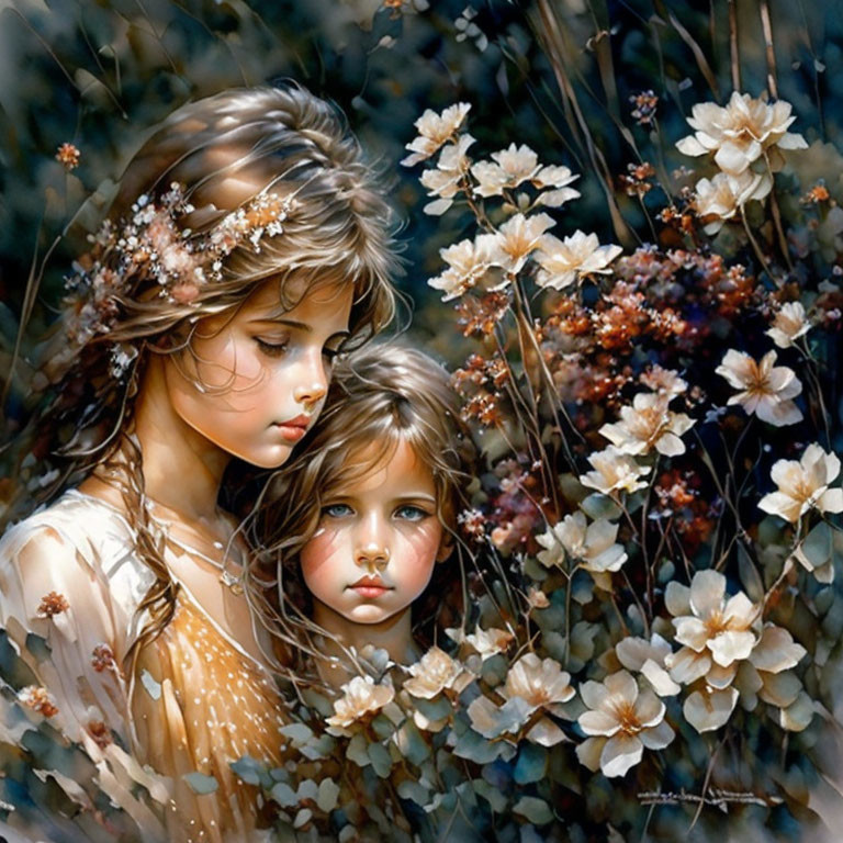 Two girls in a colorful flower garden painting.