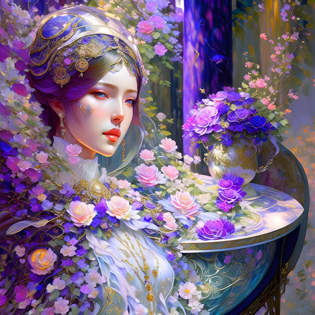 Digital artwork: Woman with ornate headdress and purple flowers