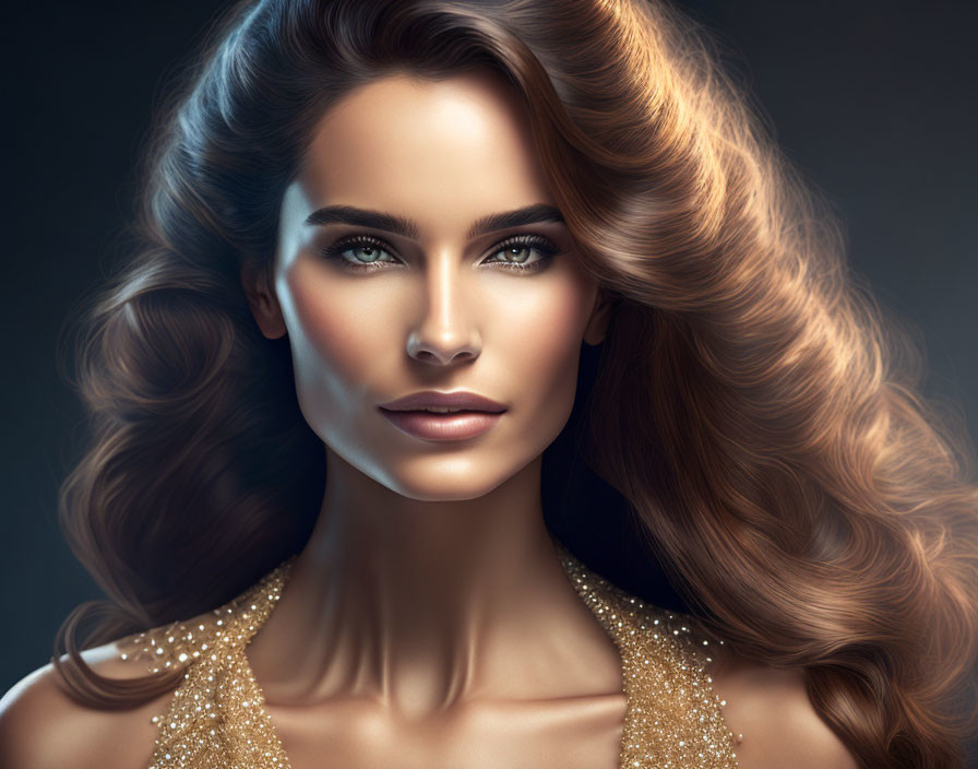 Voluminous wavy hair, blue eyes, golden sequined top on woman.