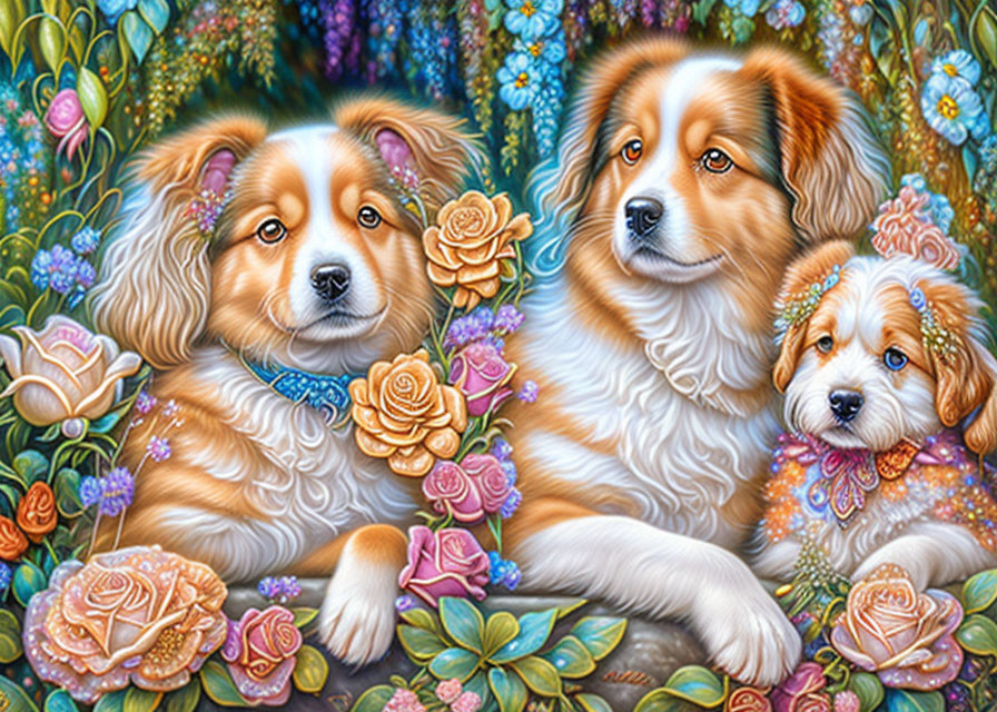 Illustrated dogs in colorful garden with flowers