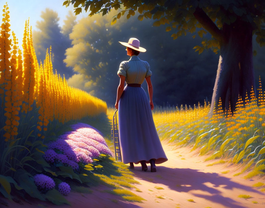 Woman in hat and blue dress walking among blooming flowers and trees