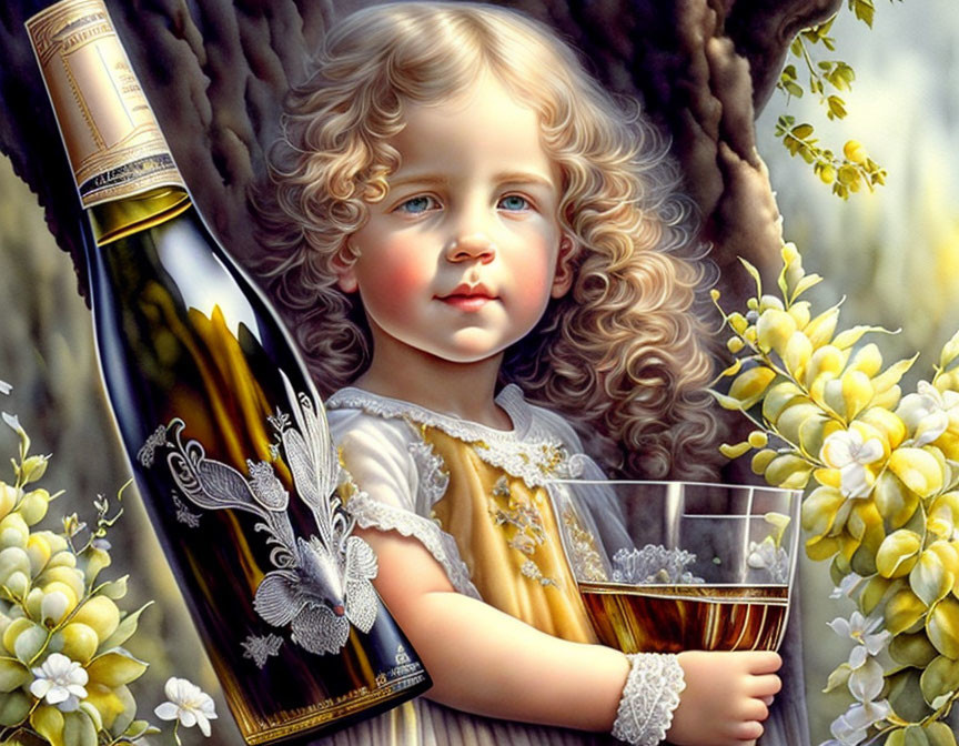 Portrait of child with curly hair holding wine glass near bottle & white flowers