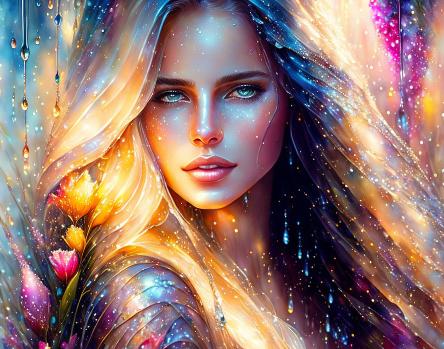 Vibrant digital painting of a woman with blonde hair and blue eyes