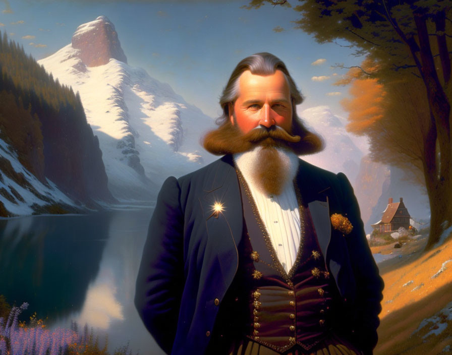 Man with Large Mustache in 19th-Century Suit Against Mountainous Landscape