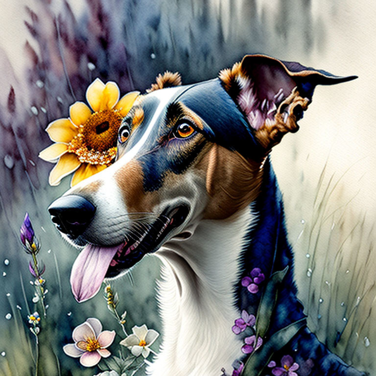 Colorful Dog with Sunflower and Floral Elements in Whimsical Style