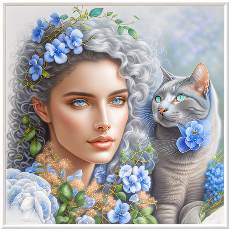 Surreal portrait of woman with gray hair and cat with blue flowers