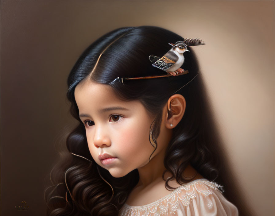 Young girl with glossy hair and bird on hairpin in surreal portrait