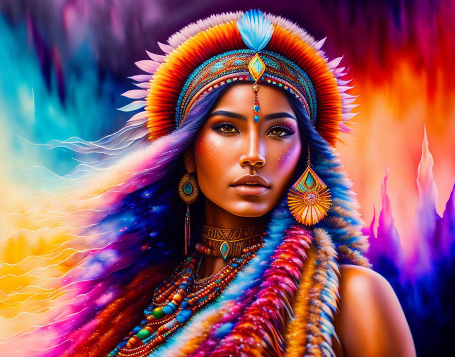 Colorful Portrait of Woman in Native American Headdress