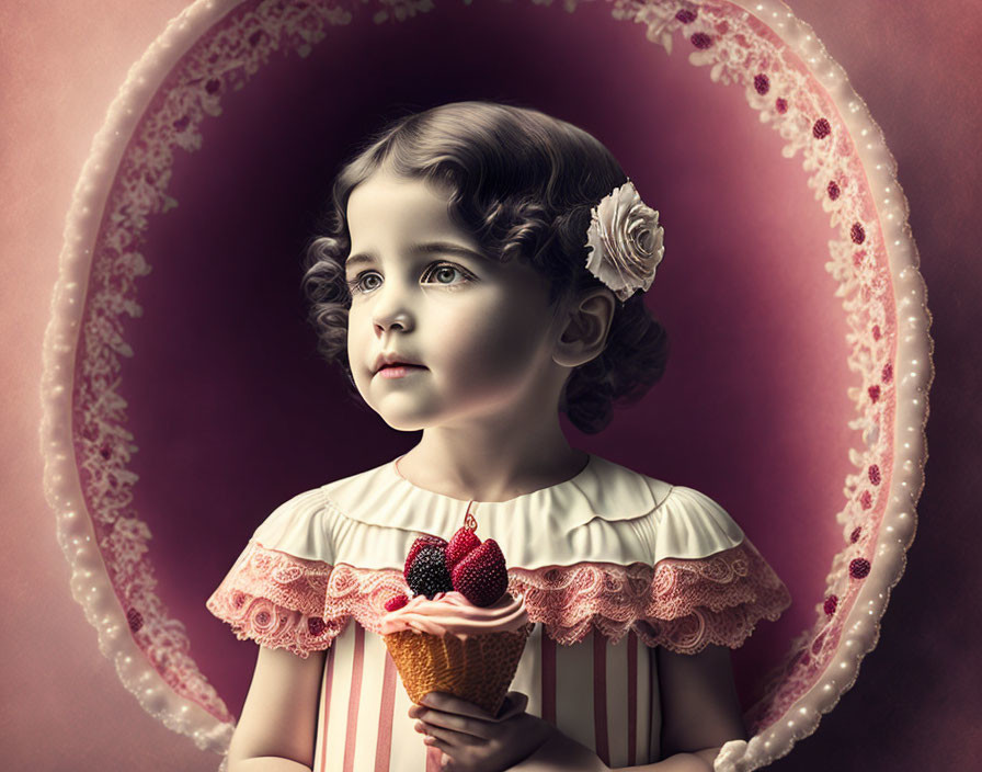 Vintage-style portrait of young girl with ice cream cone in oval floral border