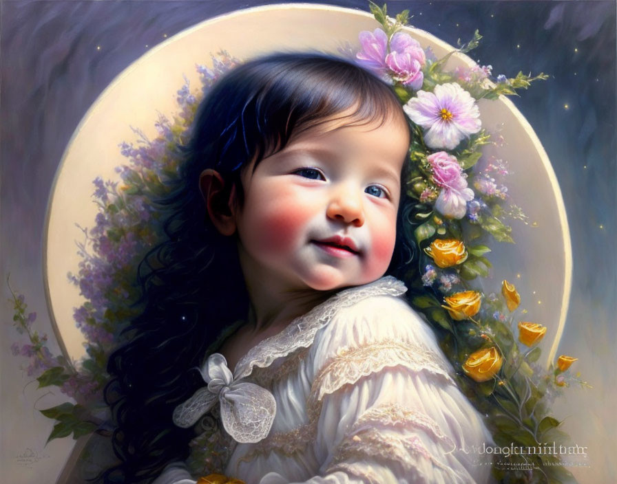 Smiling child with dark hair in white dress among floral crescent moon