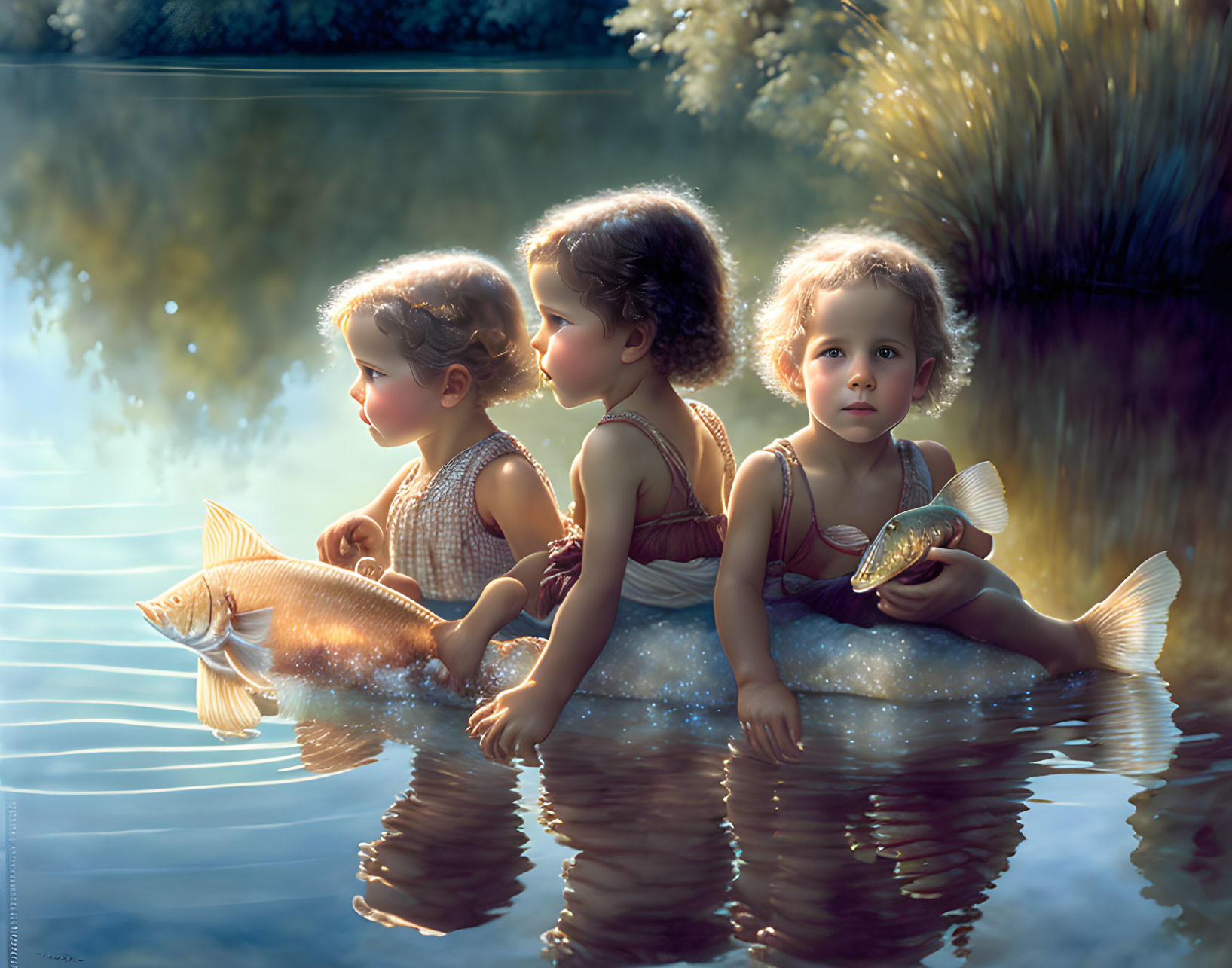 Three children on fish in a magical water scene with lush greenery