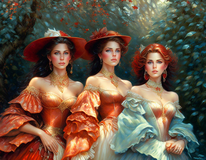 Victorian-style dresses and hats on three poised women in lush greenery