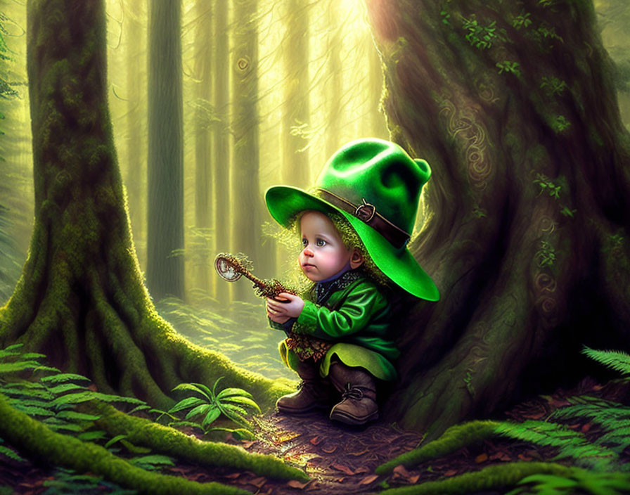 Toddler in Green Outfit with Key in Mystical Forest