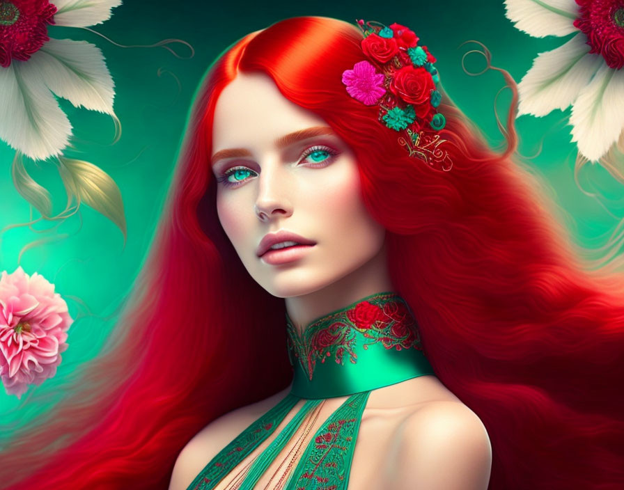 Digital artwork: Woman with red hair, blue eyes, green choker