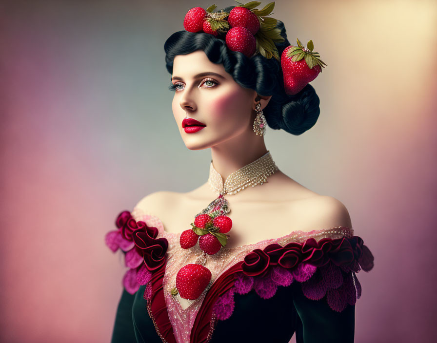 Vintage-inspired woman in strawberry and floral outfit on gradient background