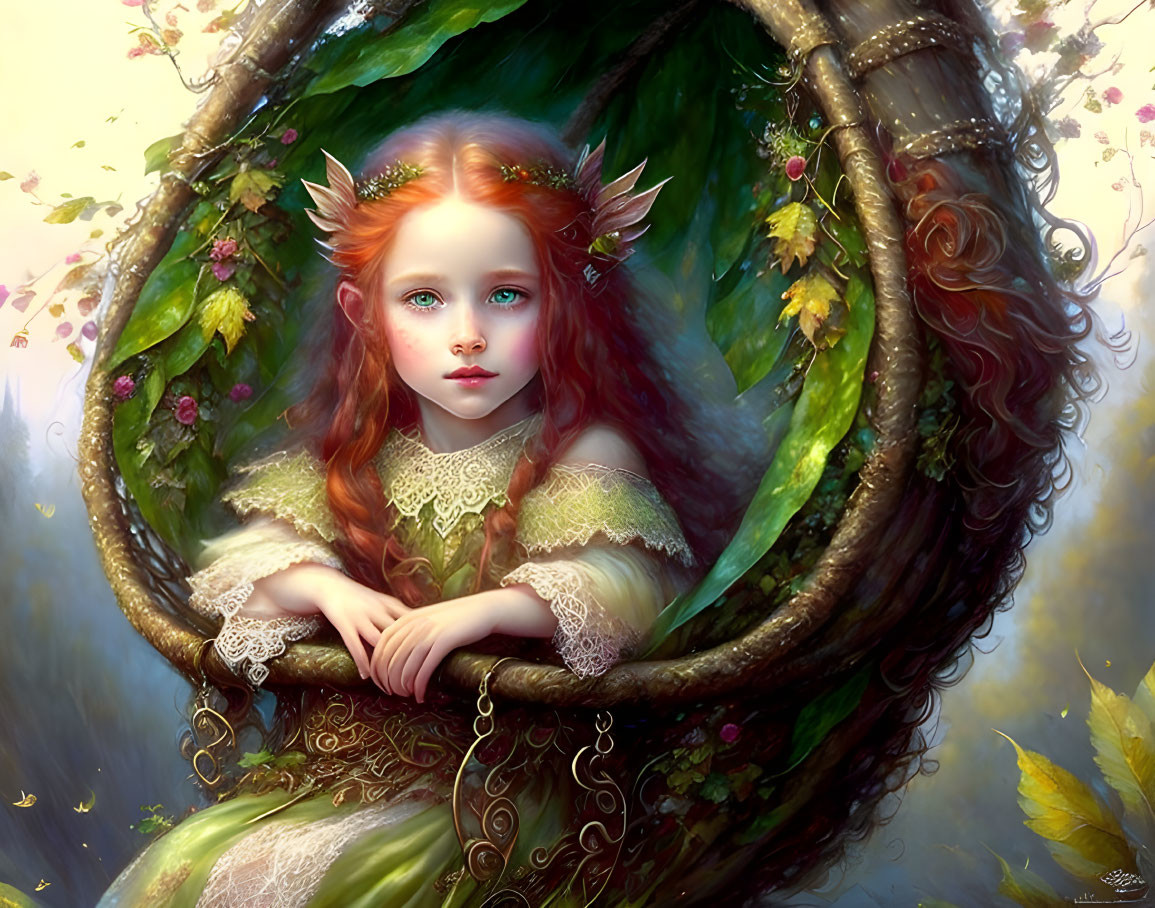 Red-haired elfin-eared girl on swing in enchanted forest.