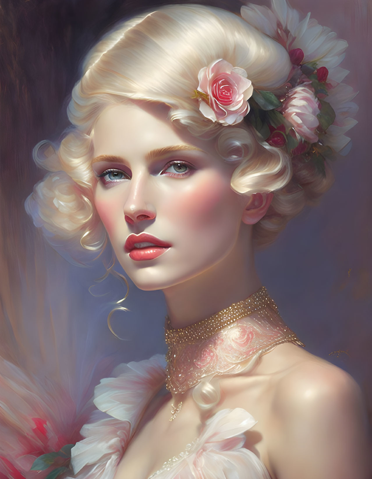 Blonde Curly-Haired Woman Portrait with Pink Roses and Rosy Cheeks