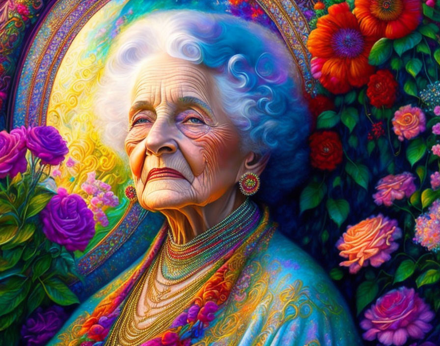 Elderly woman with white hair among vibrant flowers and patterns