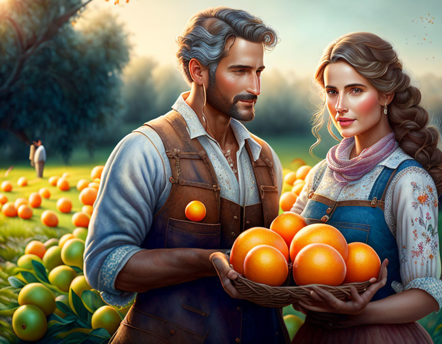 Vintage farmwear couple with oranges in orchard scene