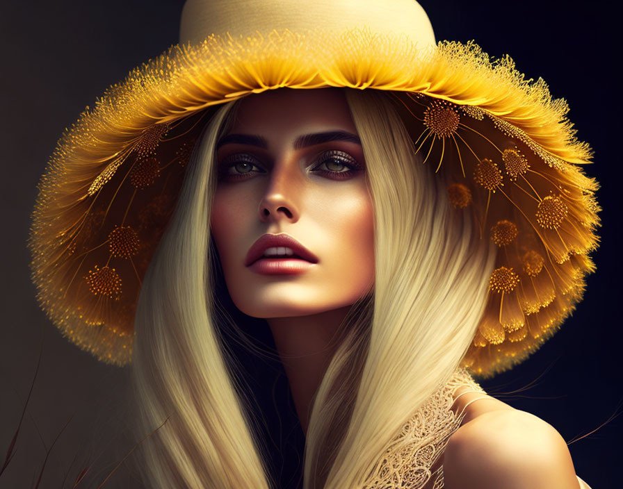 Blonde woman with striking makeup in wide-brimmed hat and yellow flowers