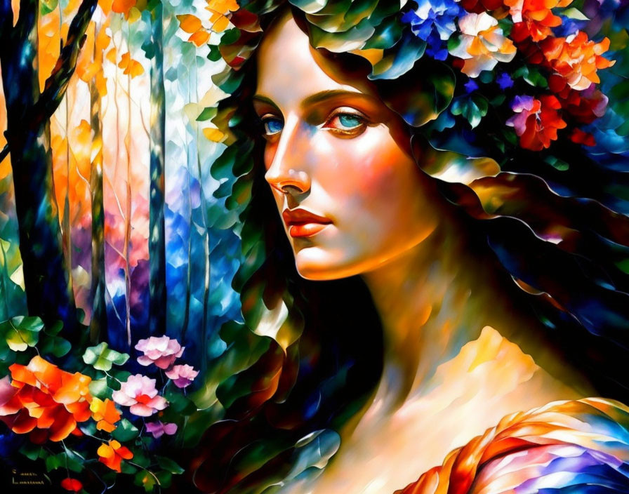 Colorful Woman Portrait with Floral Elements in Nature-inspired Setting