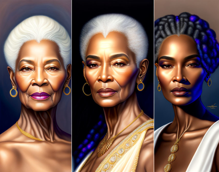 Stylized portraits: Woman's dignified expression, elegant jewelry, detailed hairstyles