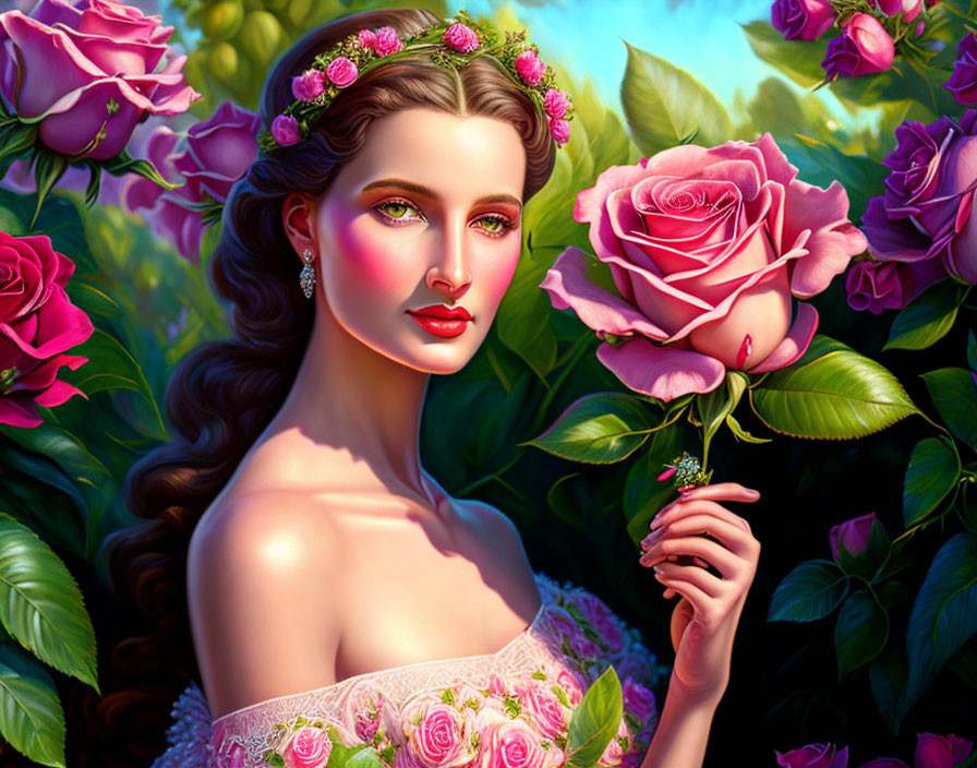 Illustration of woman with flowers in hair and rose, surrounded by lush roses