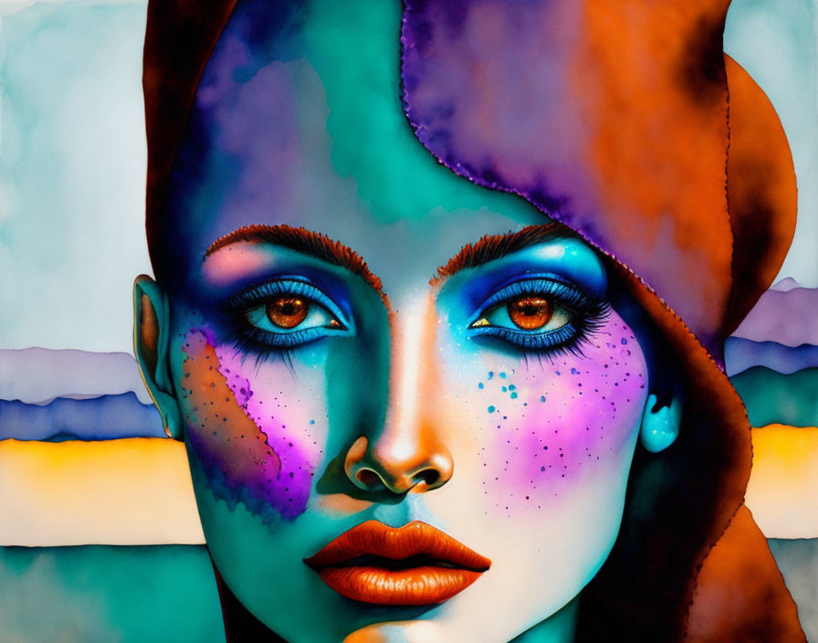 Colorful surreal portrait of a woman with blue eyes and speckled cheeks