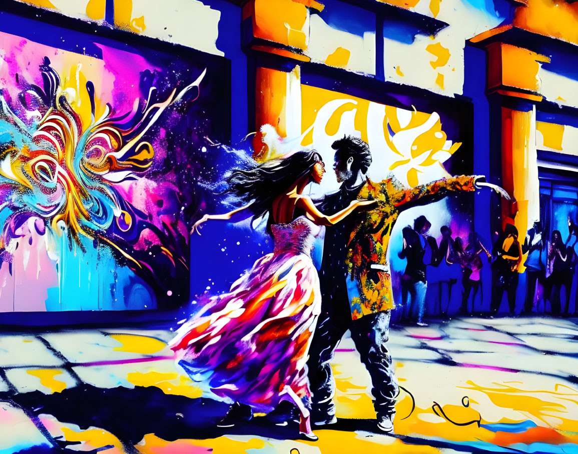 Vividly Colored Artwork: Couple Dancing in Front of Mural