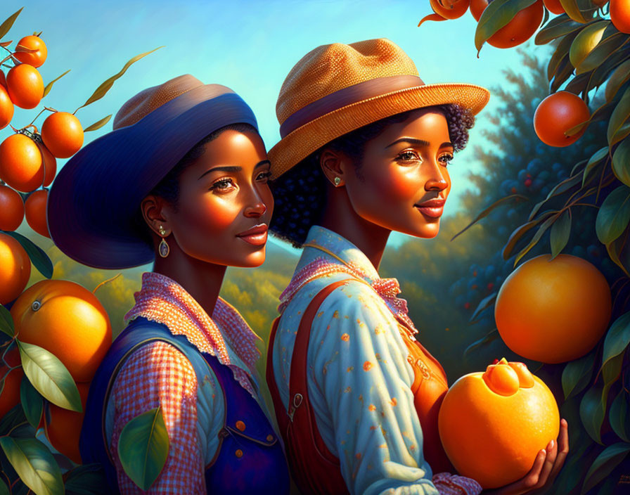 Two women in sun hats near orange tree, one holding fruit, under warm light