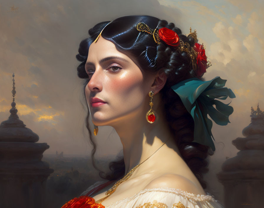 Portrait of woman with headband and red flowers, earrings, blue ribbon, architectural background