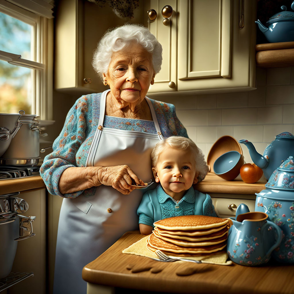 Elderly woman and toddler in kitchen with pancakes and vintage kitchenware