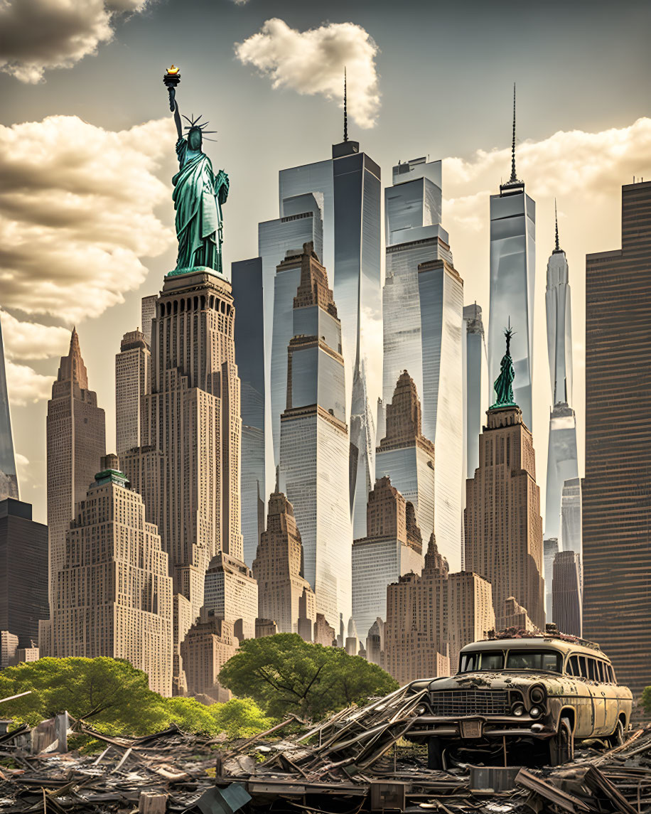 Surreal composite image: Statue of Liberty with skyscrapers and wrecked car