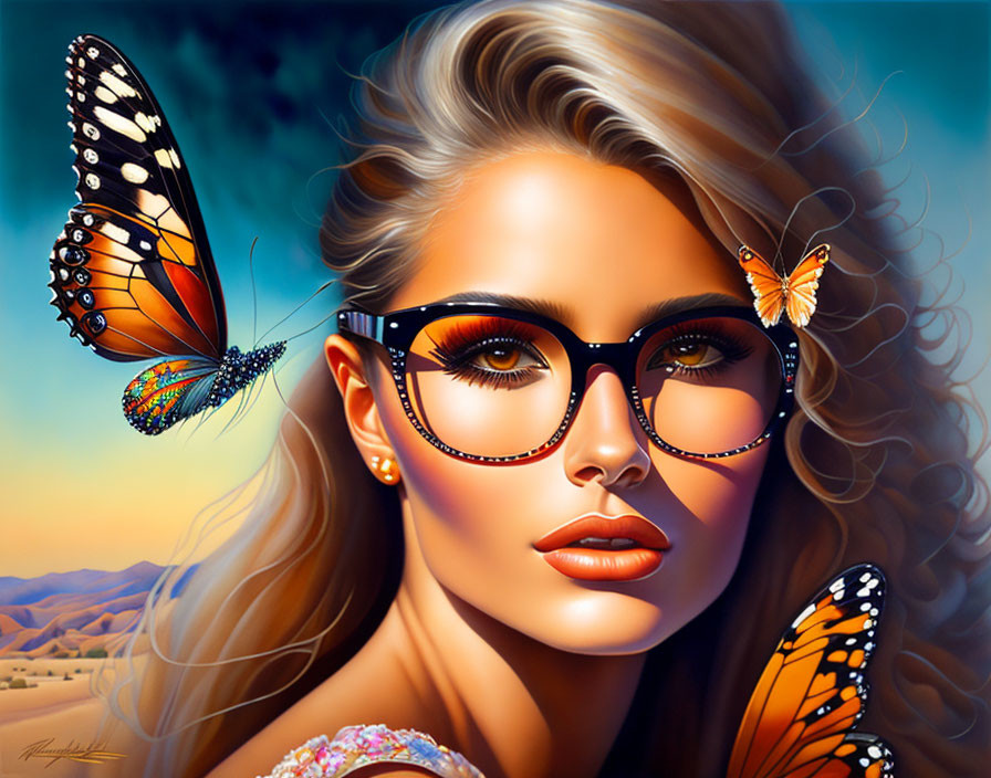 Digital painting of woman with glasses surrounded by vibrant butterflies in desert landscape