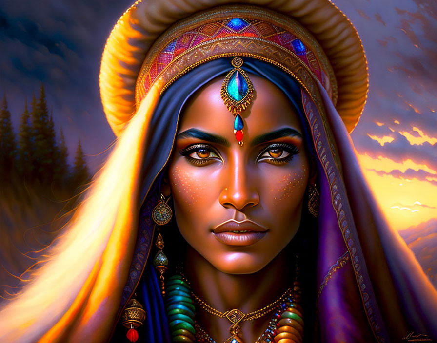 Illustrated portrait of woman in vibrant tribal attire against sunset