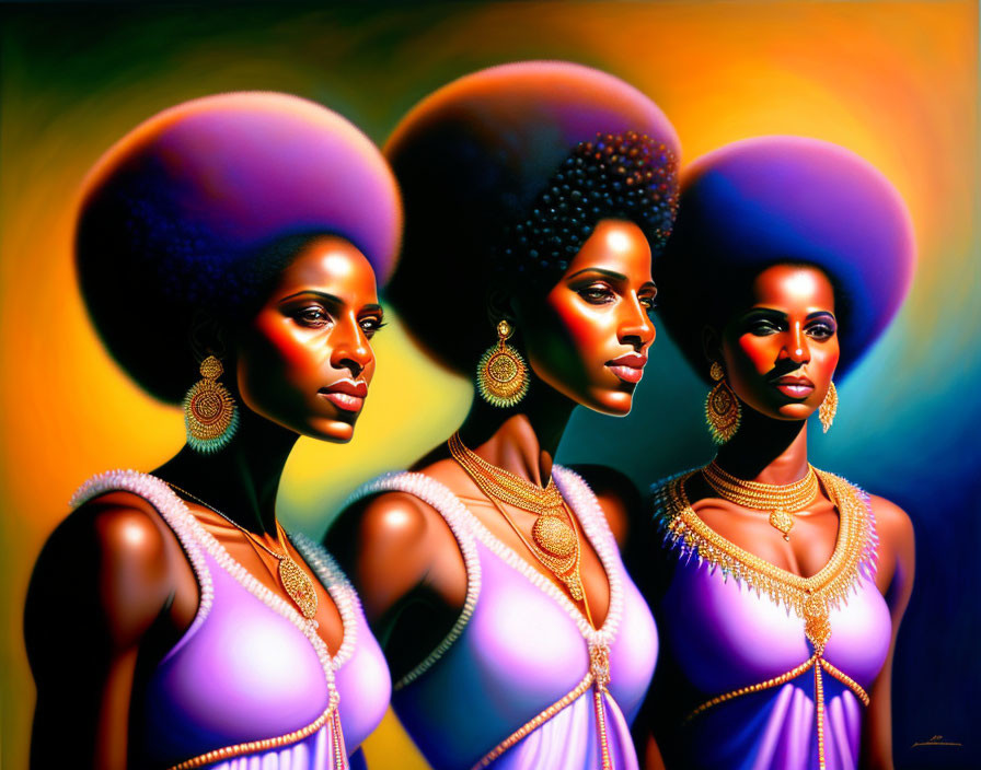 Stylized women with afros and gold jewelry on colorful background