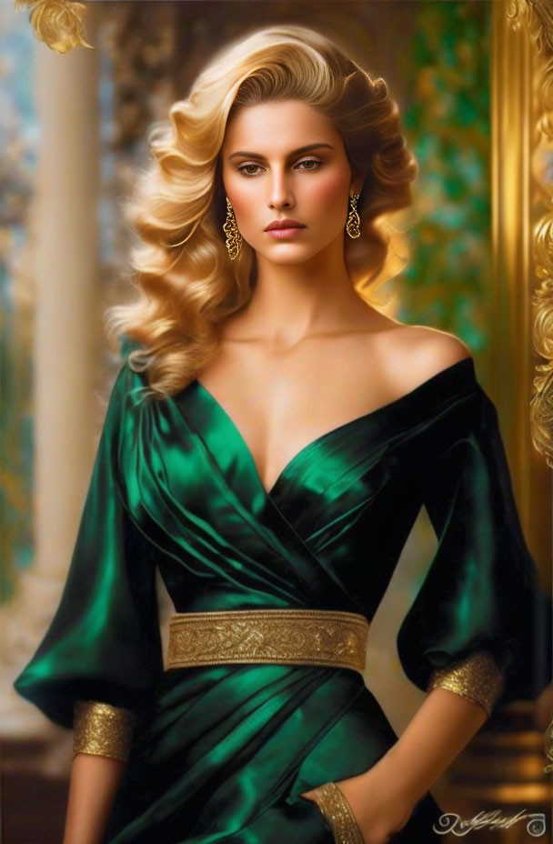 Blonde woman in emerald green dress with gold accents and earrings against ornate backdrop.