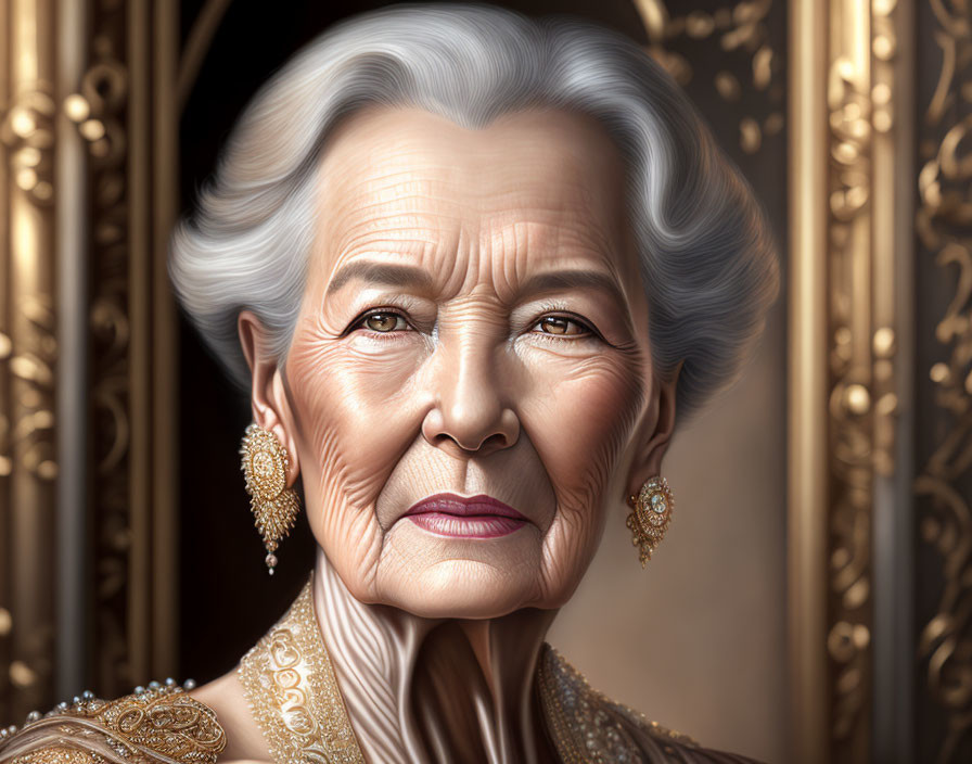 Elderly woman illustration with white hair and gold-trimmed dress