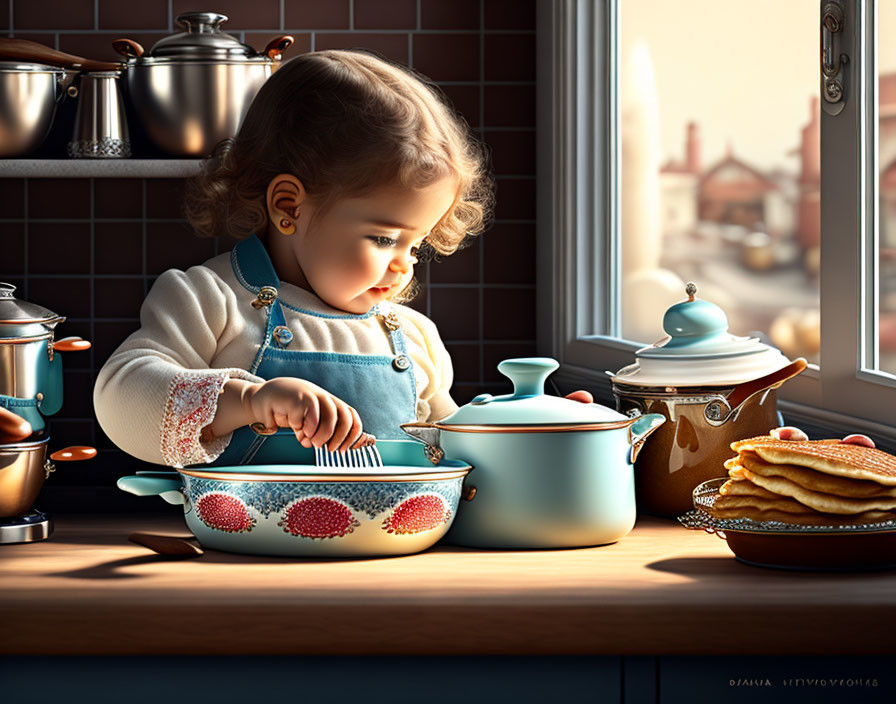 Toddler Pretending to Cook by Kitchen Window with Pancakes