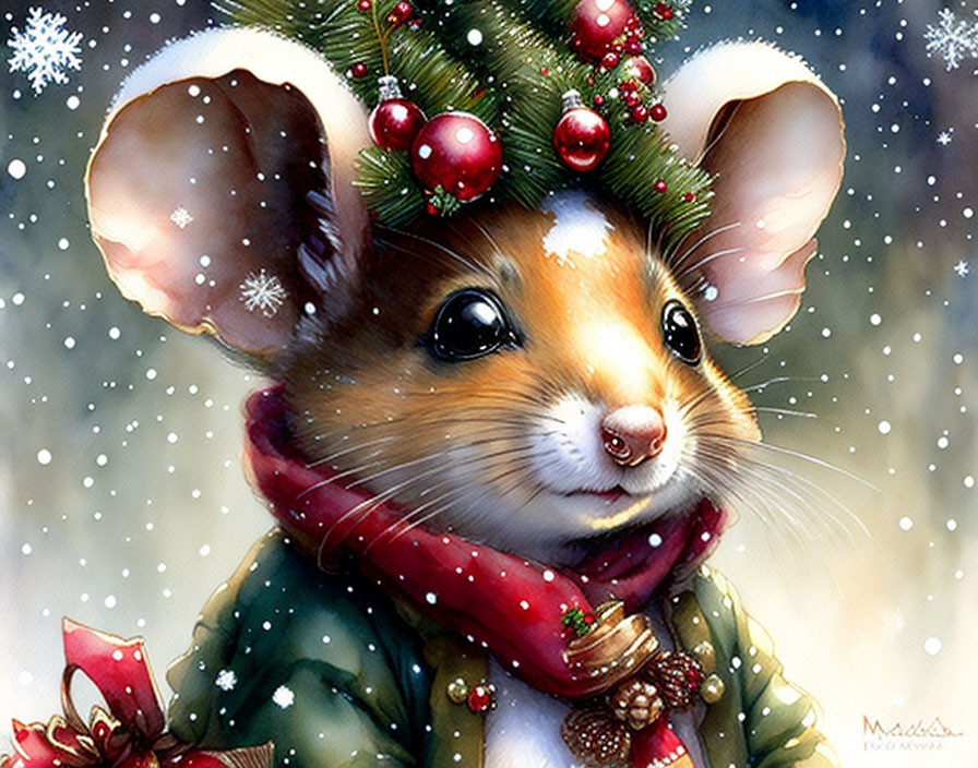 Christmas-themed mouse illustration with wreath and scarf in snowy scene