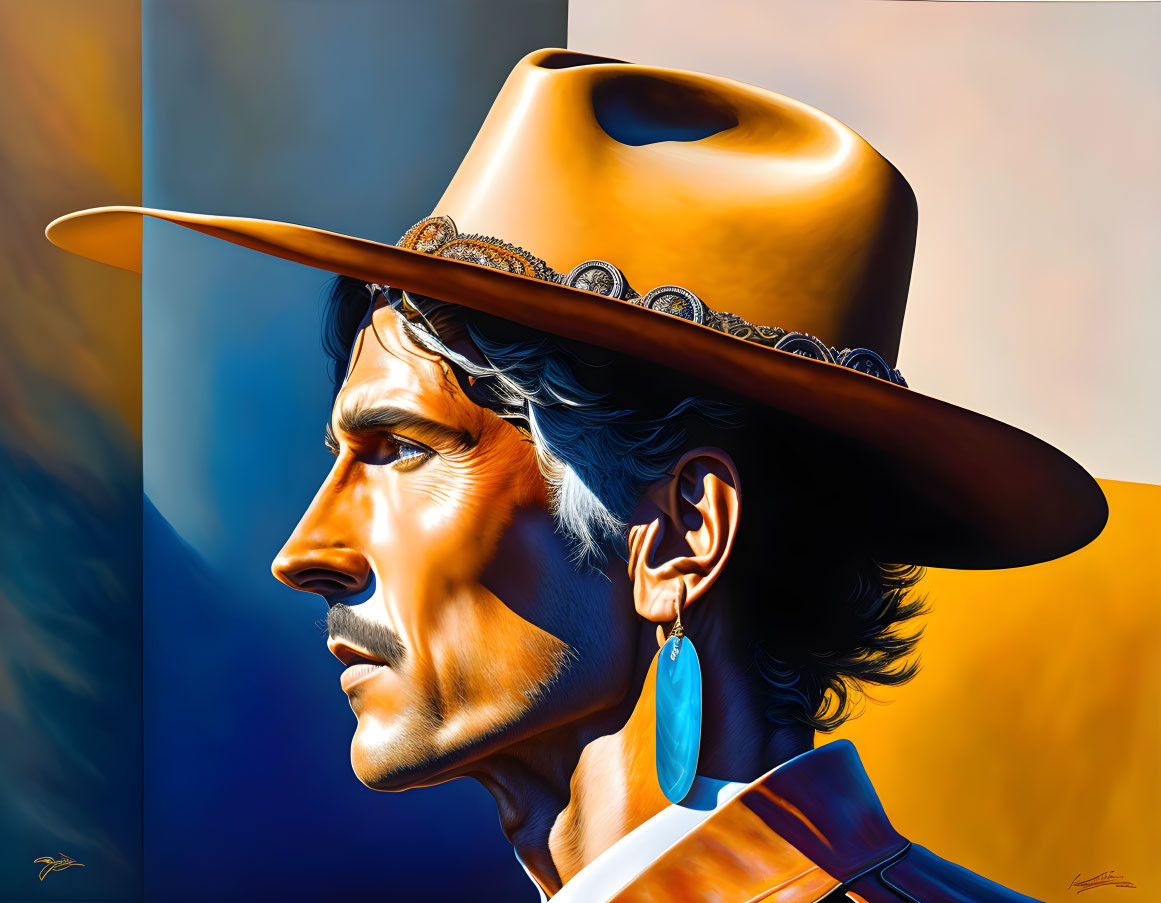 Man with Mustache in Cowboy Hat and Turquoise Earring on Colorful Background