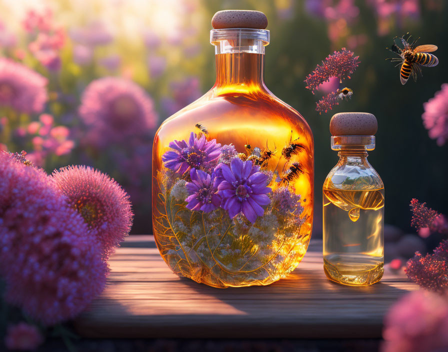 Tranquil nature scene with honey bottles, vibrant flowers, and bees