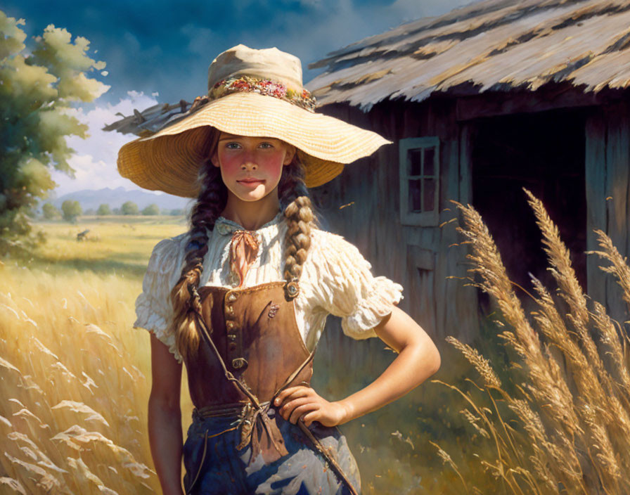 Young girl with braided hair in straw hat and overalls in wheat field next to wooden shed