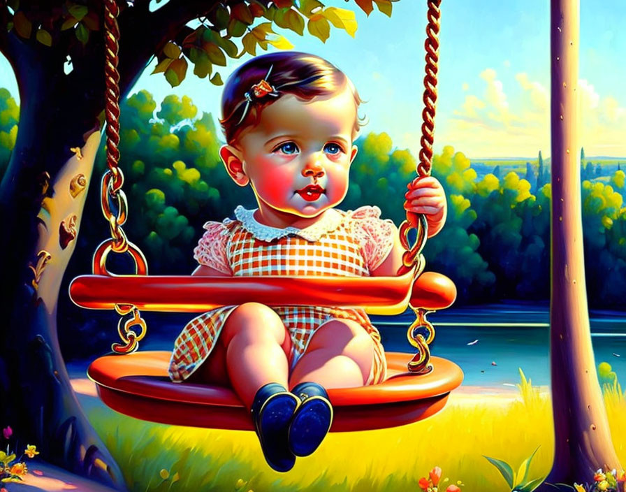 Baby with Brown Hair on Yellow and Red Swing in Lush Greenery