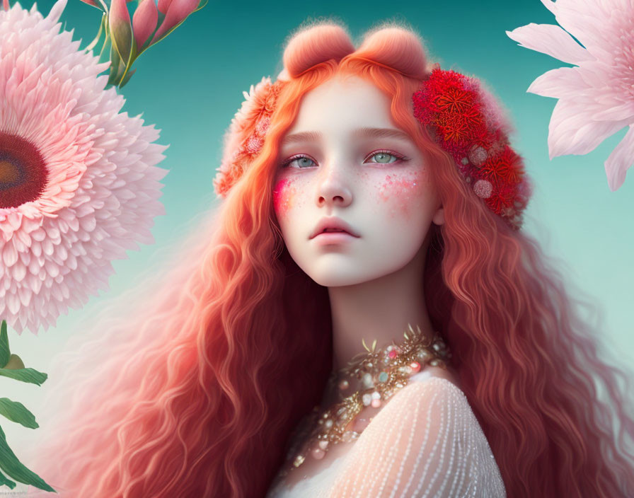 Red-haired girl with freckles surrounded by pink flowers and red blooms