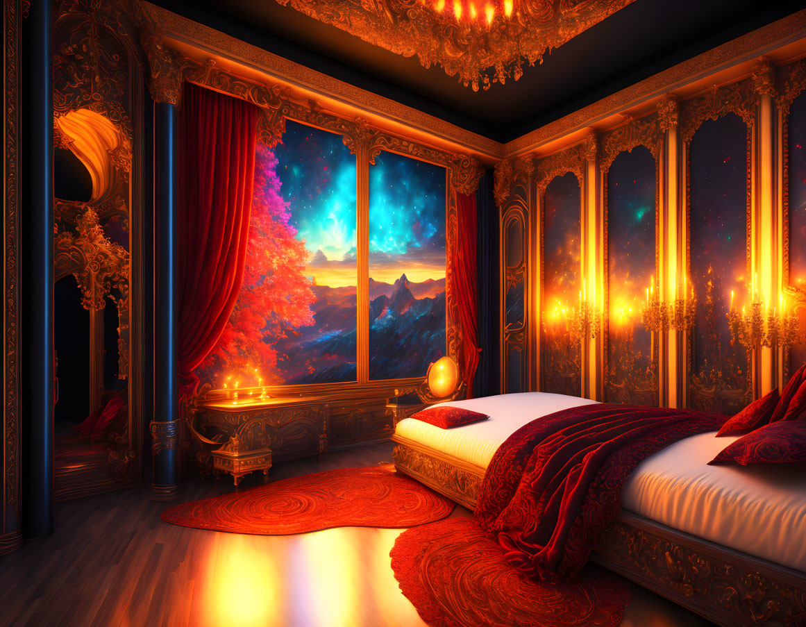 Luxurious bedroom with starry sky view and red-gold decor